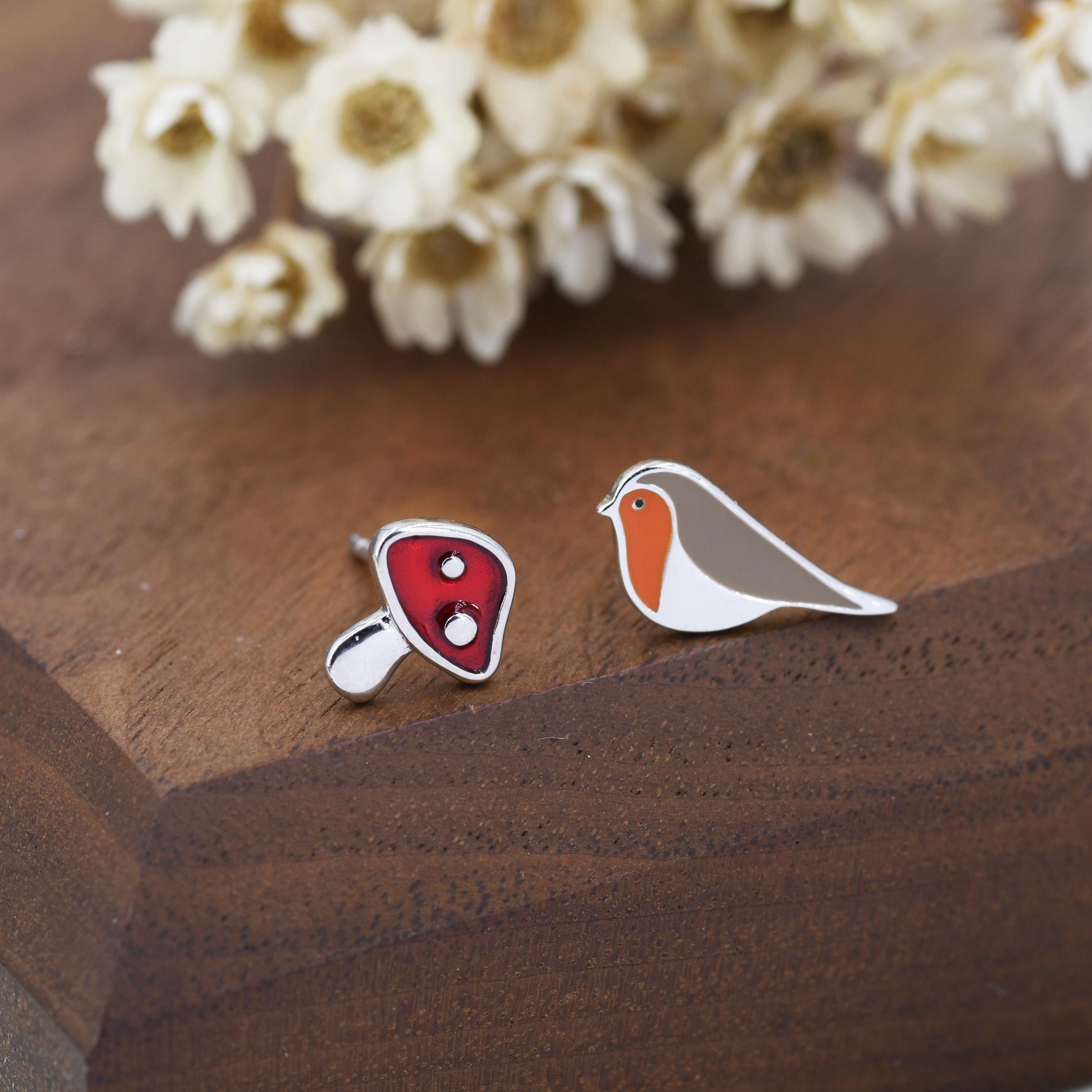 Mismatched Robin Bird and Mushroom Stud Earrings in Sterling Silver, Asymmetric Red Mushroom and Robin Earrings, Hand Painted Enamel