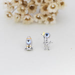 Mismatched Astronaut and Rocket Stud Earrings in Sterling Silver with Lab Moonstone, Asymmetric Rocket and Astronaut Spaceman Earrings