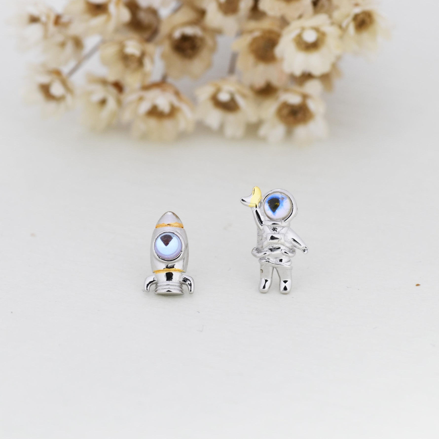 Mismatched Astronaut and Rocket Stud Earrings in Sterling Silver with Lab Moonstone, Asymmetric Rocket and Astronaut Spaceman Earrings