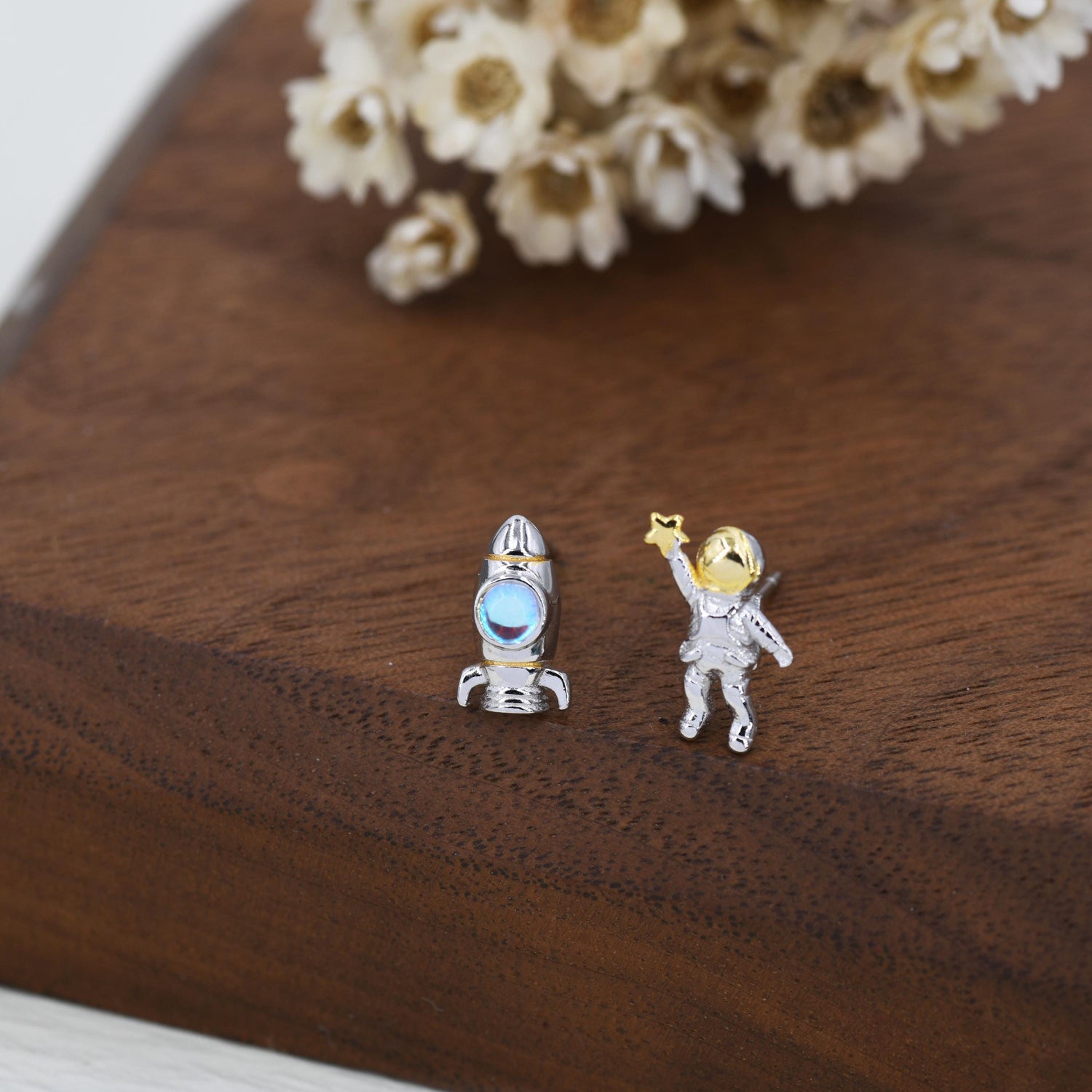 Mismatched Astronaut and Rocket Stud Earrings in Sterling Silver with Simulated Moonstone, Asymmetric Rocket and Astronaut Spaceman Earrings