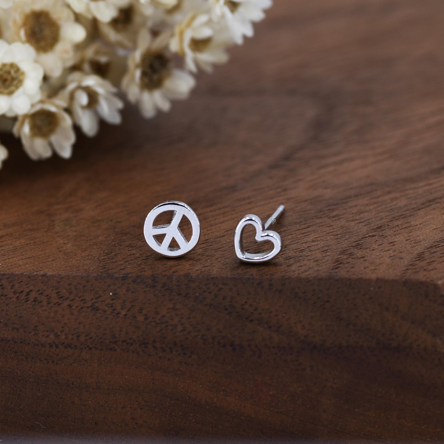 Tiny Mismatched Peace and Love Symbol Stud Earrings in Sterling Silver, Silver, Gold or Rose Gold, Small Asymmetric Heart and Peace Earrings