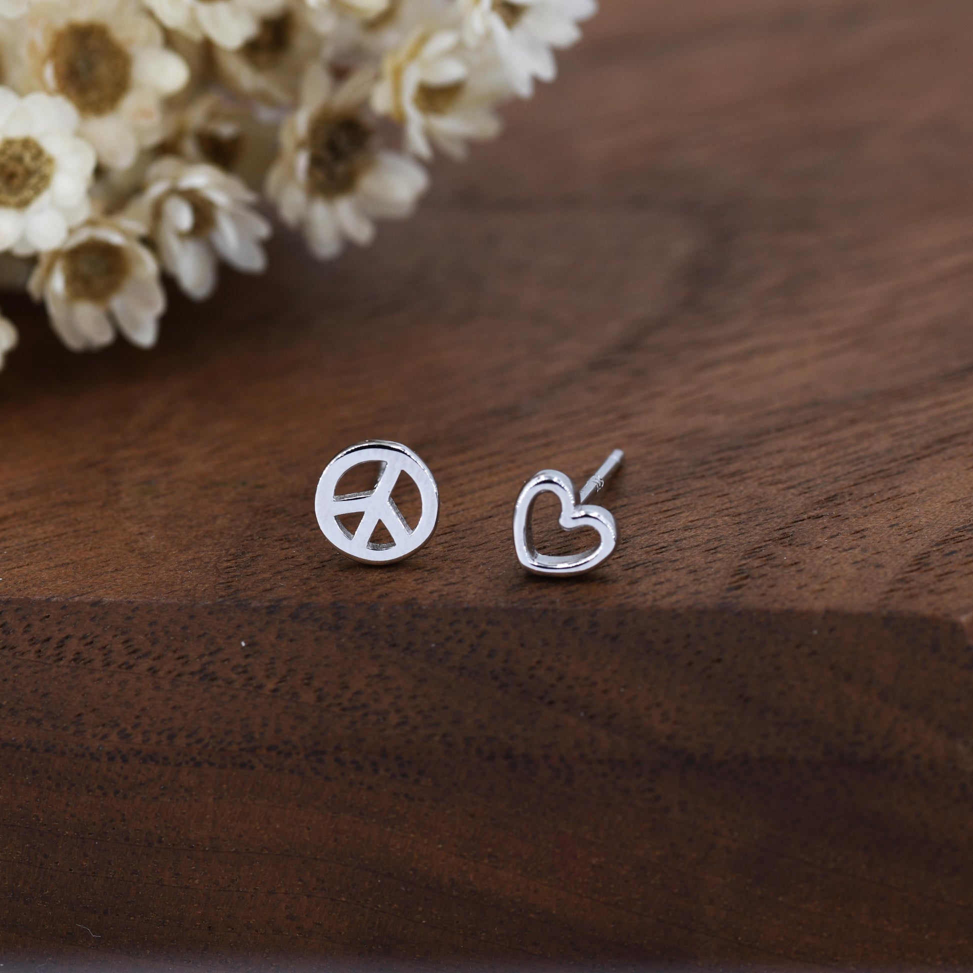 Tiny Mismatched Peace and Love Symbol Stud Earrings in Sterling Silver, Silver, Gold or Rose Gold, Small Asymmetric Heart and Peace Earrings
