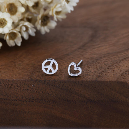 Tiny Mismatched Peace and Love Symbol Stud Earrings in Sterling Silver, Silver, Gold or Rose Gold, Small Asymmetric Heart and Peace Earrings
