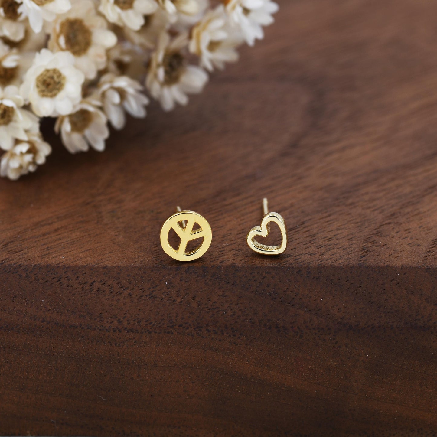 Tiny Mismatched Peace and Love Symbol Stud Earrings in Sterling Silver, Silver, Gold or Rose Gold, Small Asymmetric Heart and Peace Earrings