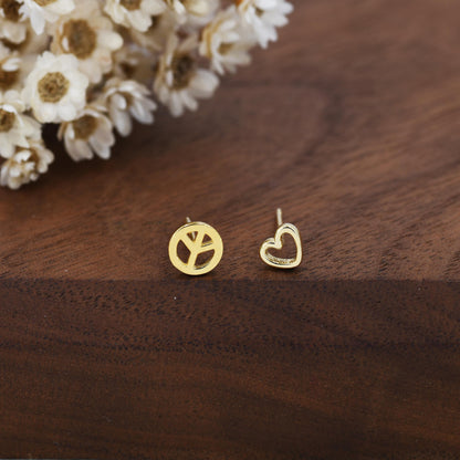 Tiny Mismatched Peace and Love Symbol Stud Earrings in Sterling Silver, Silver, Gold or Rose Gold, Small Asymmetric Heart and Peace Earrings
