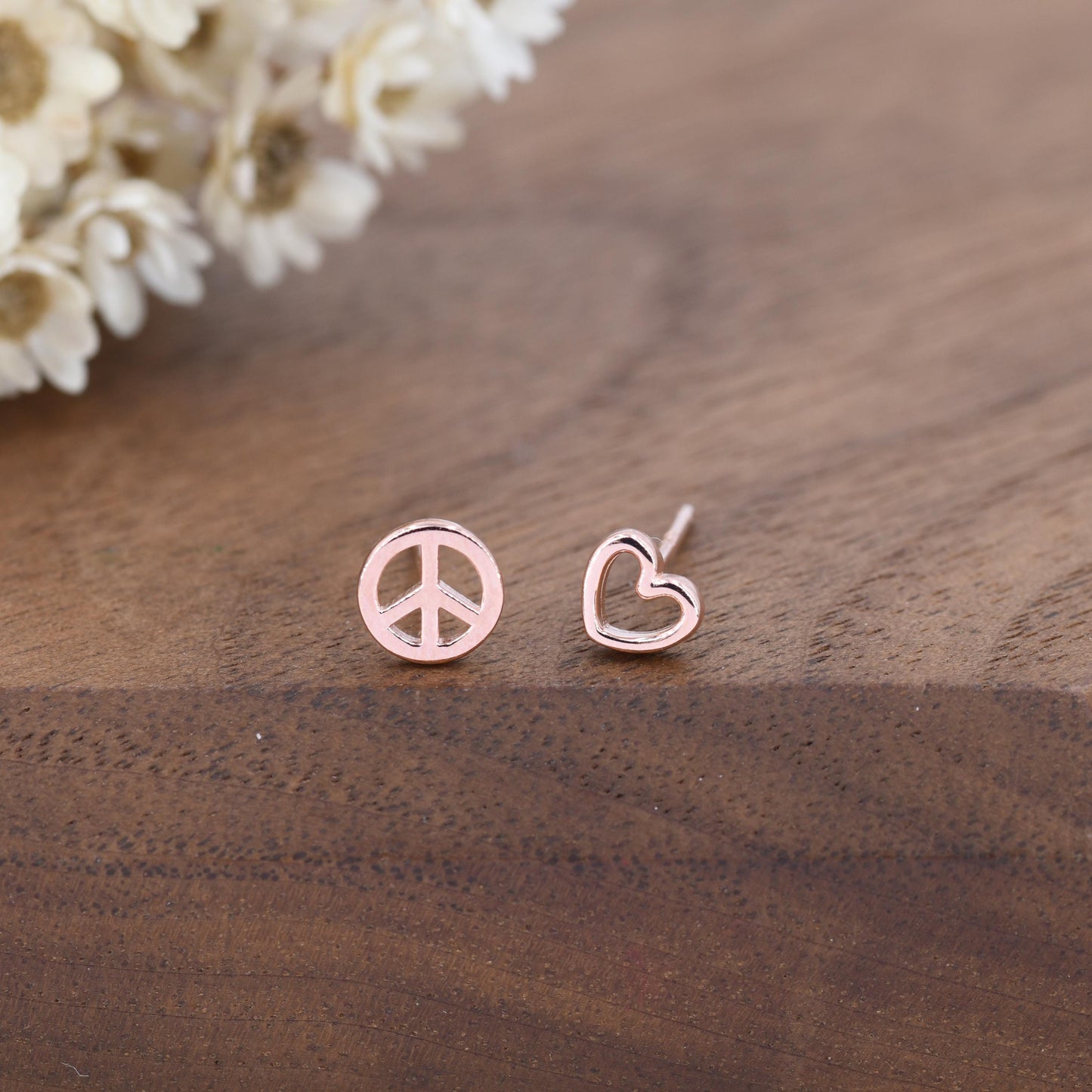 Tiny Mismatched Peace and Love Symbol Stud Earrings in Sterling Silver, Silver, Gold or Rose Gold, Small Asymmetric Heart and Peace Earrings