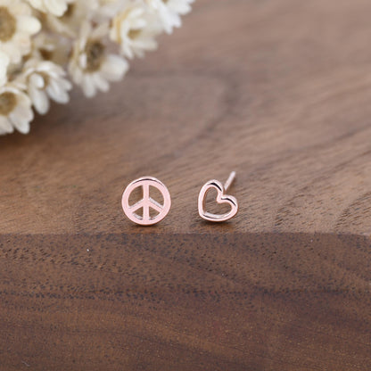 Tiny Mismatched Peace and Love Symbol Stud Earrings in Sterling Silver, Silver, Gold or Rose Gold, Small Asymmetric Heart and Peace Earrings