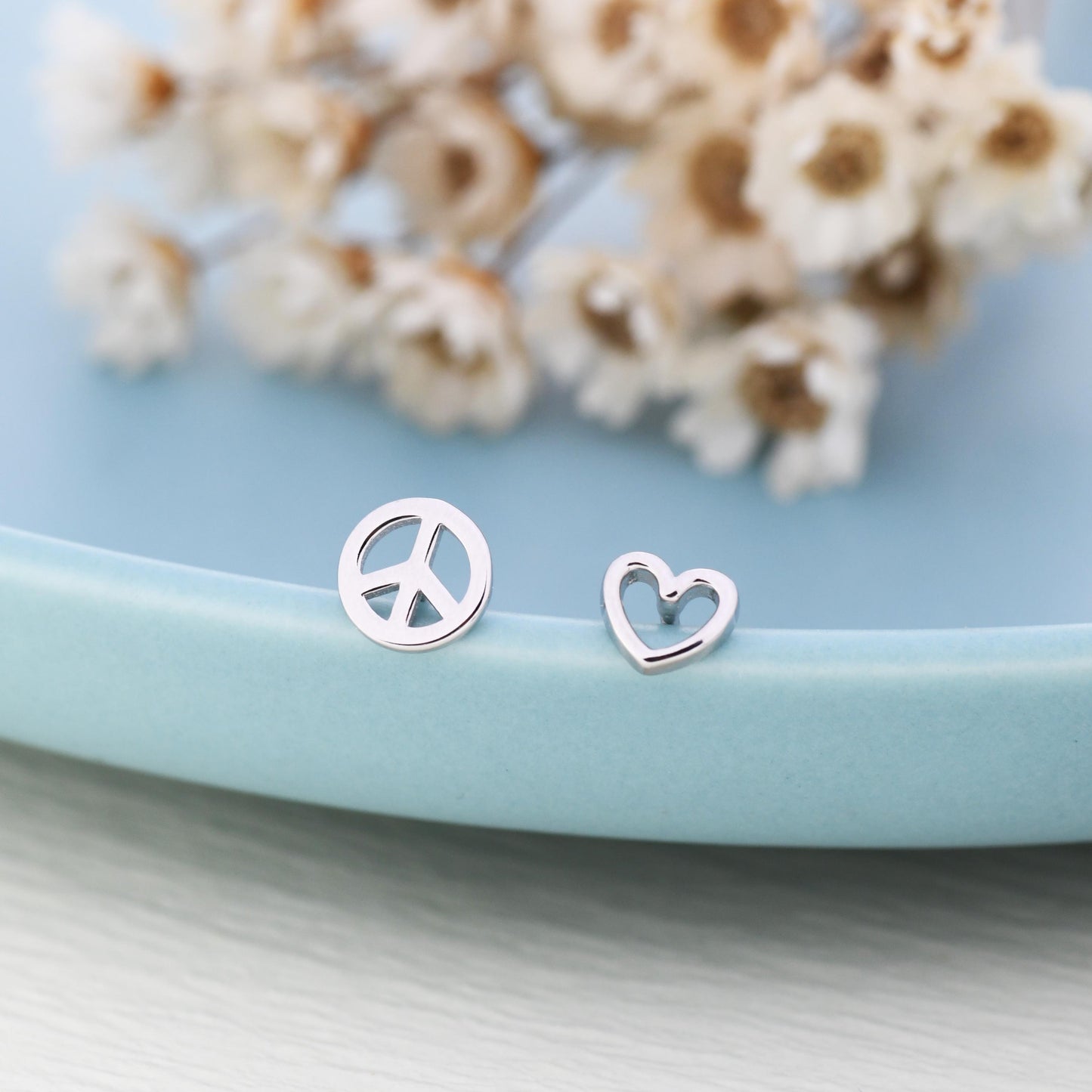 Tiny Mismatched Peace and Love Symbol Stud Earrings in Sterling Silver, Silver, Gold or Rose Gold, Small Asymmetric Heart and Peace Earrings