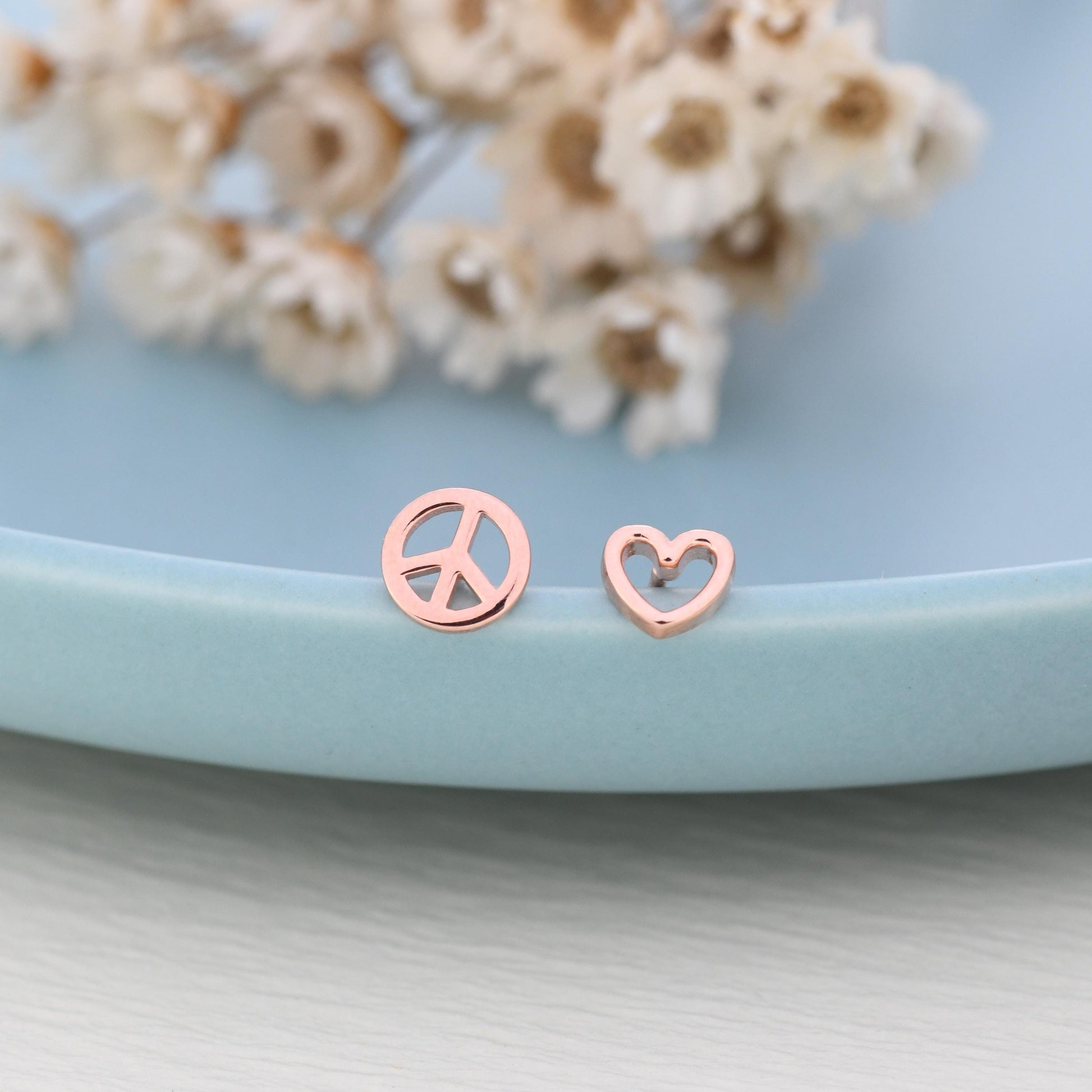 Tiny Mismatched Peace and Love Symbol Stud Earrings in Sterling Silver, Silver, Gold or Rose Gold, Small Asymmetric Heart and Peace Earrings