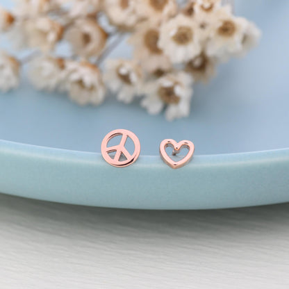 Tiny Mismatched Peace and Love Symbol Stud Earrings in Sterling Silver, Silver, Gold or Rose Gold, Small Asymmetric Heart and Peace Earrings