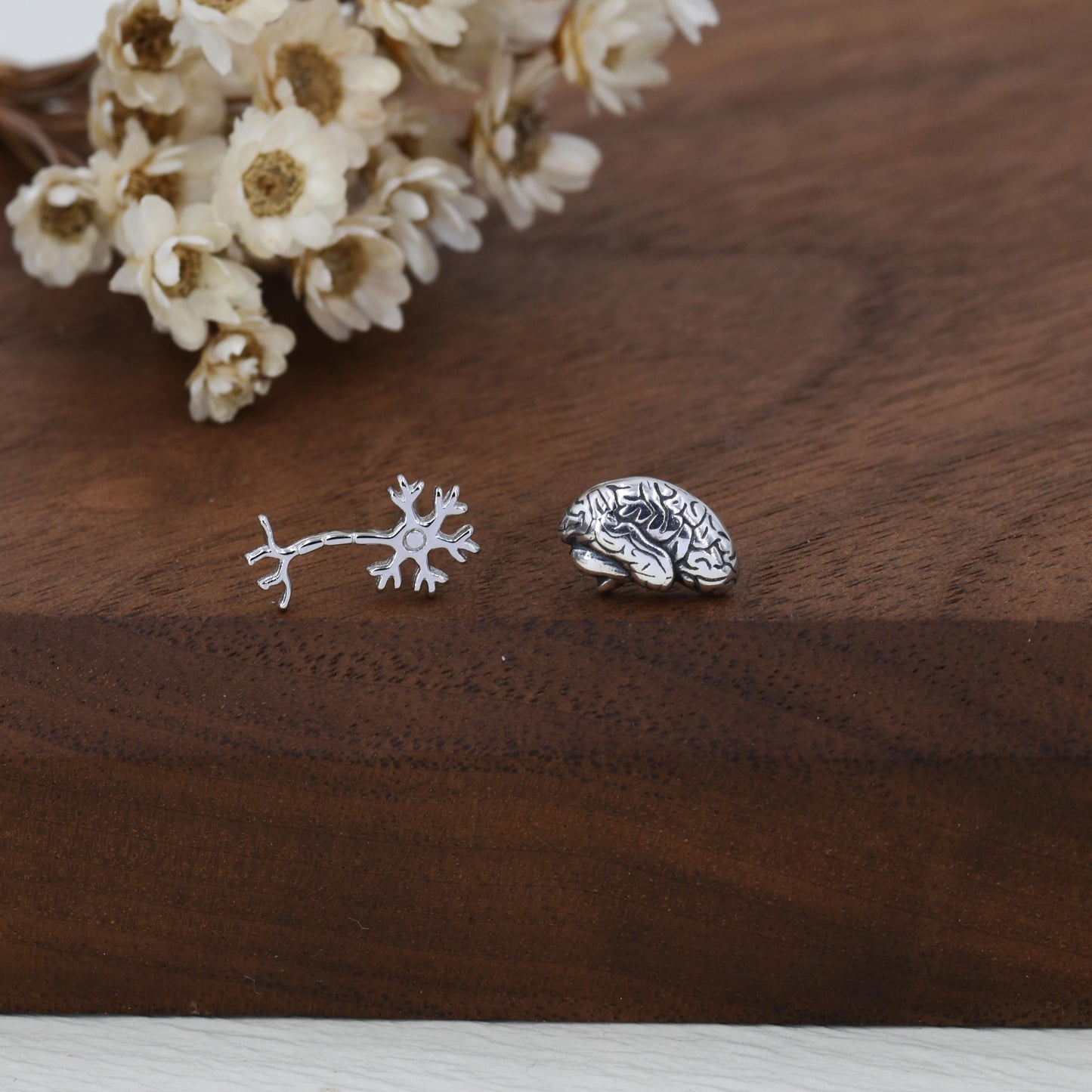 Mismatched Anatomical Brain and Neurone Stud Earrings in Sterling Silver, Silver or Gold, Asymmetric Science Earrings, Biology Jewellery