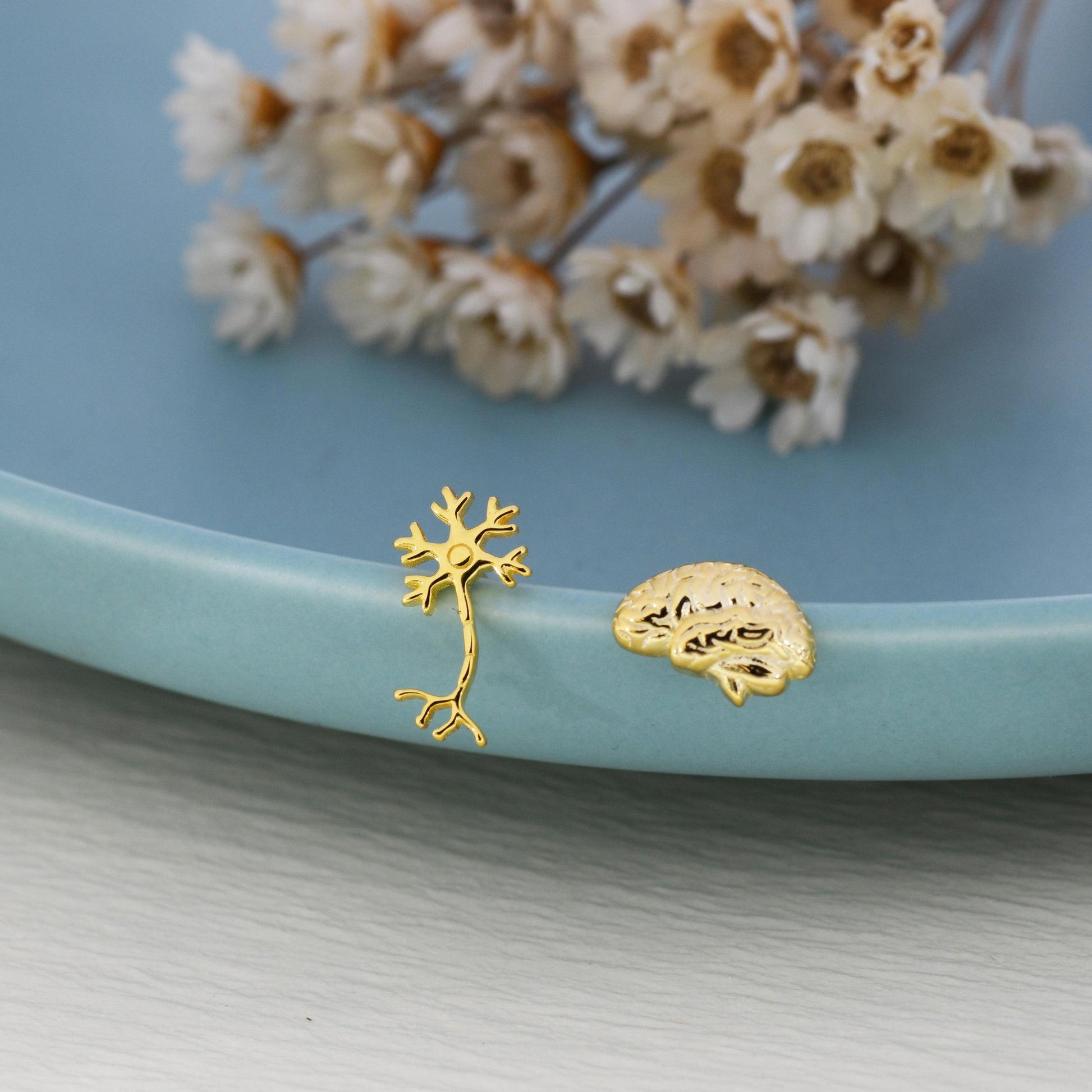 Mismatched Anatomical Brain and Neurone Stud Earrings in Sterling Silver, Silver or Gold, Asymmetric Science Earrings, Biology Jewellery