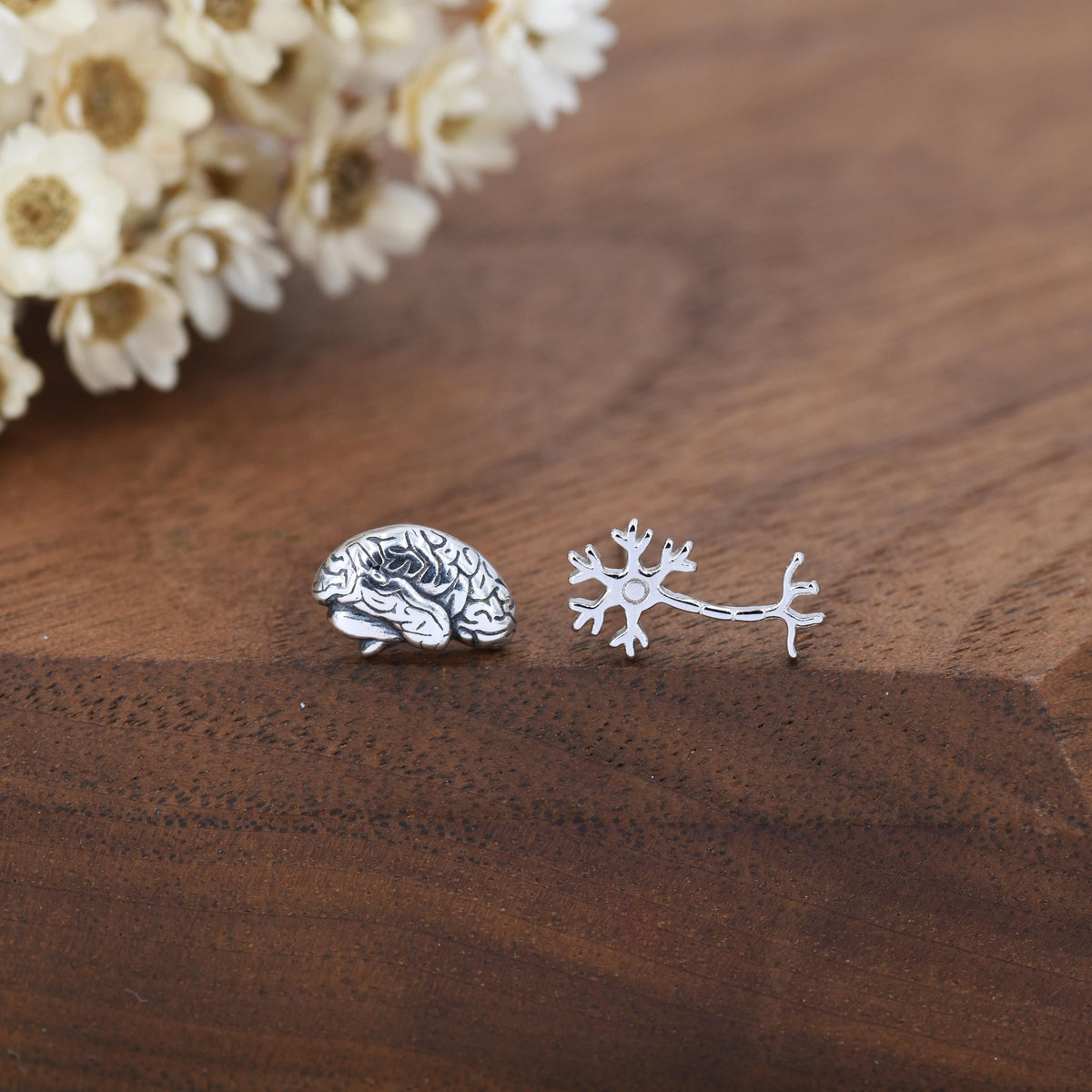 Mismatched Anatomical Brain and Neurone Stud Earrings in Sterling Silver, Silver or Gold, Asymmetric Science Earrings, Biology Jewellery