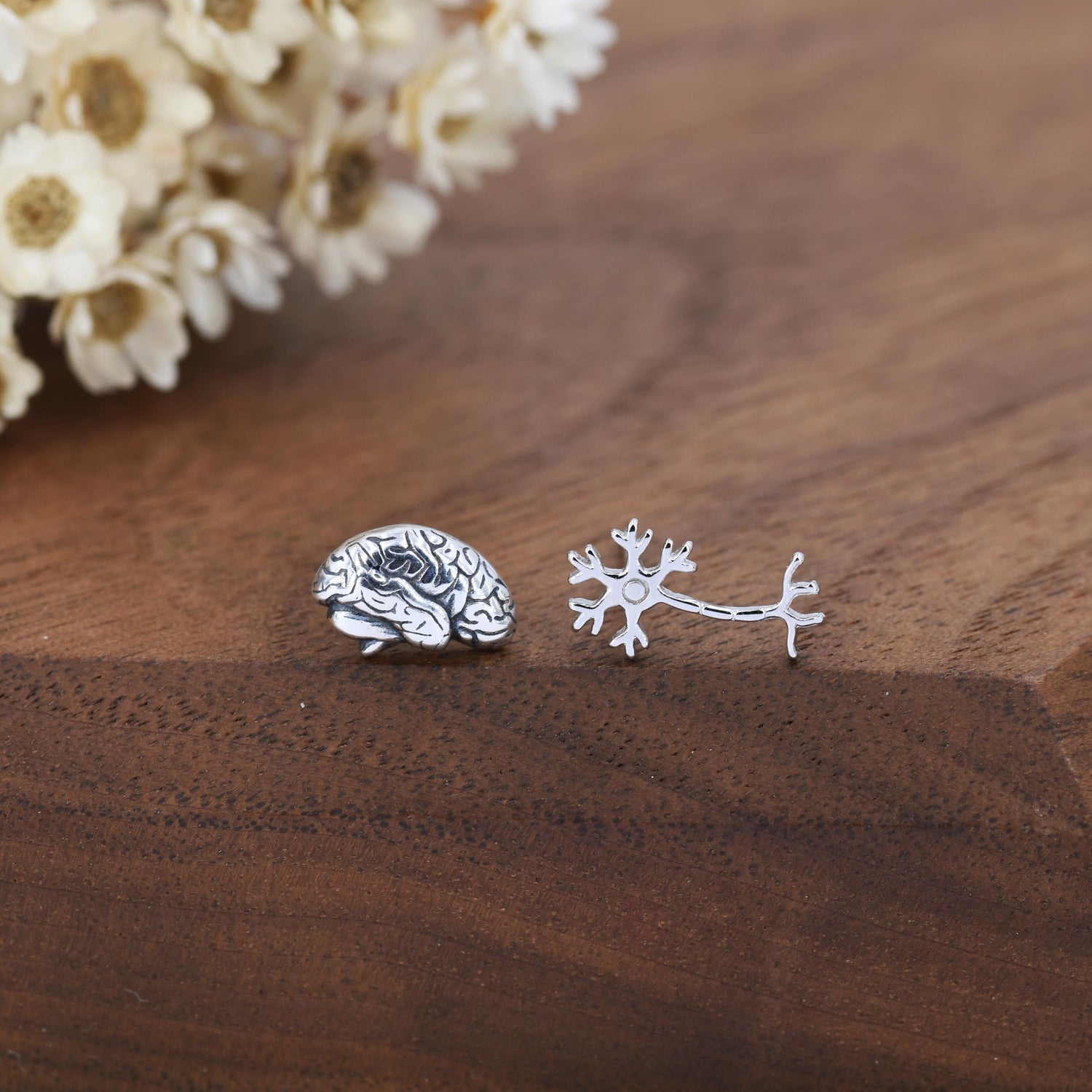 Mismatched Anatomical Brain and Neurone Stud Earrings in Sterling Silver, Silver or Gold, Asymmetric Science Earrings, Biology Jewellery