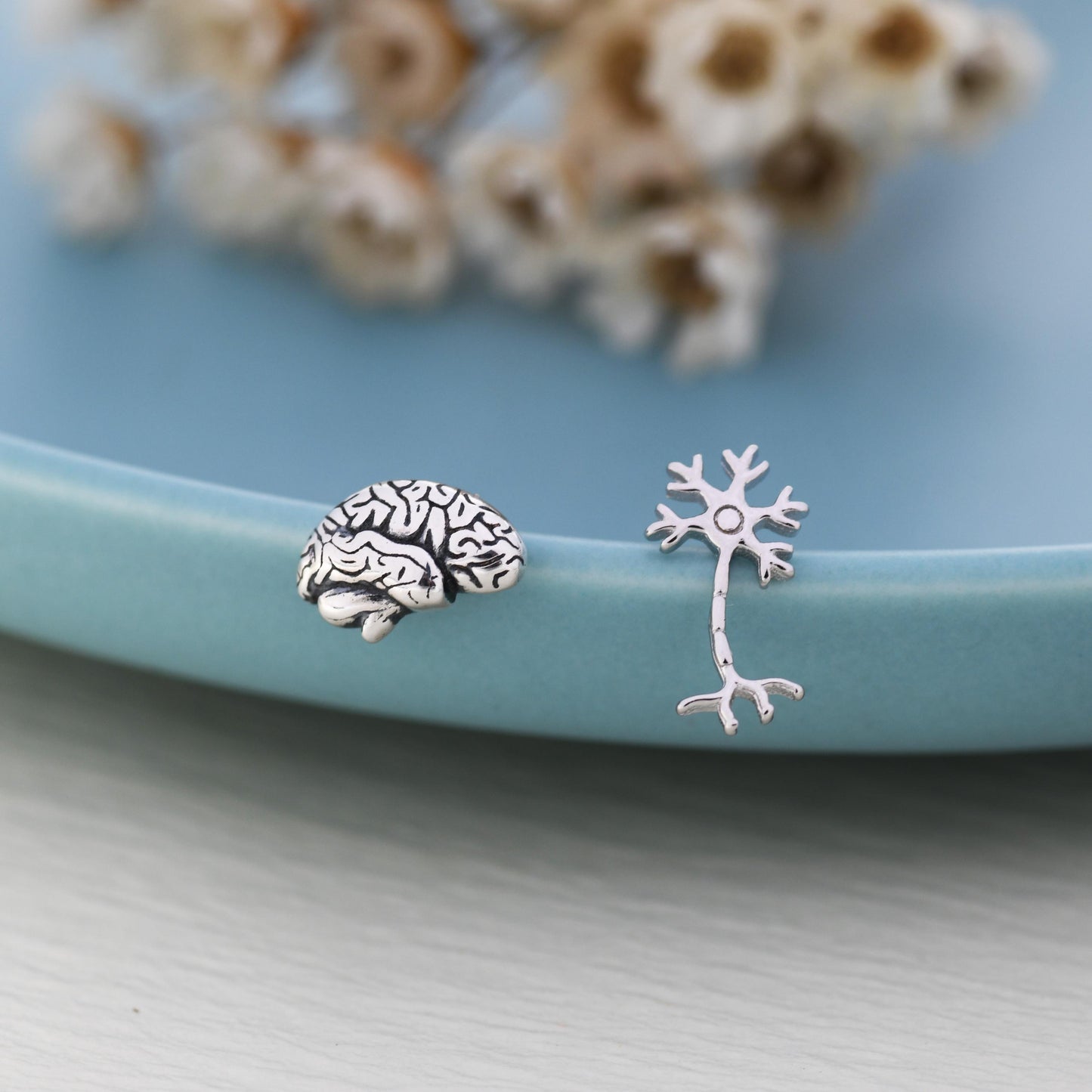 Mismatched Anatomical Brain and Neurone Stud Earrings in Sterling Silver, Silver or Gold, Asymmetric Science Earrings, Biology Jewellery