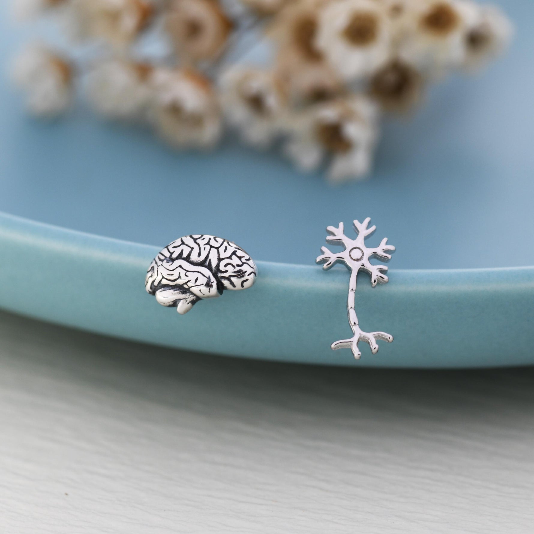 Mismatched Anatomical Brain and Neurone Stud Earrings in Sterling Silver, Silver or Gold, Asymmetric Science Earrings, Biology Jewellery