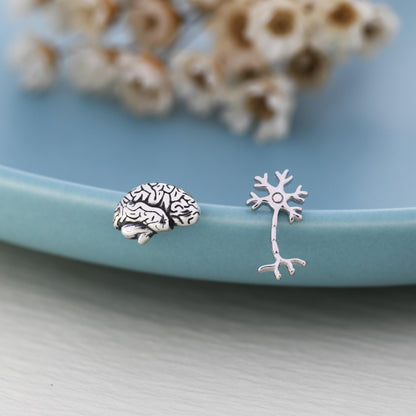 Mismatched Anatomical Brain and Neurone Stud Earrings in Sterling Silver, Silver or Gold, Asymmetric Science Earrings, Biology Jewellery
