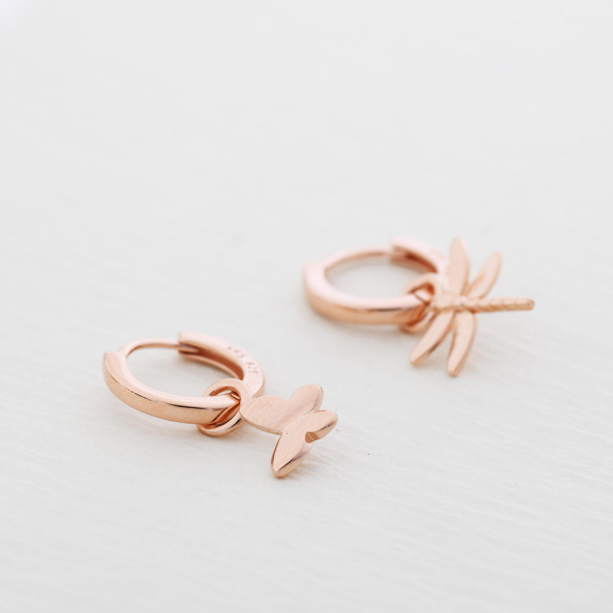 Sterling Silver Mismatched Butterfly and Dragonfly Huggie Hoops, Detachable Butterfly and Dragonfly Hoop Earrings, Gold or Rose Gold