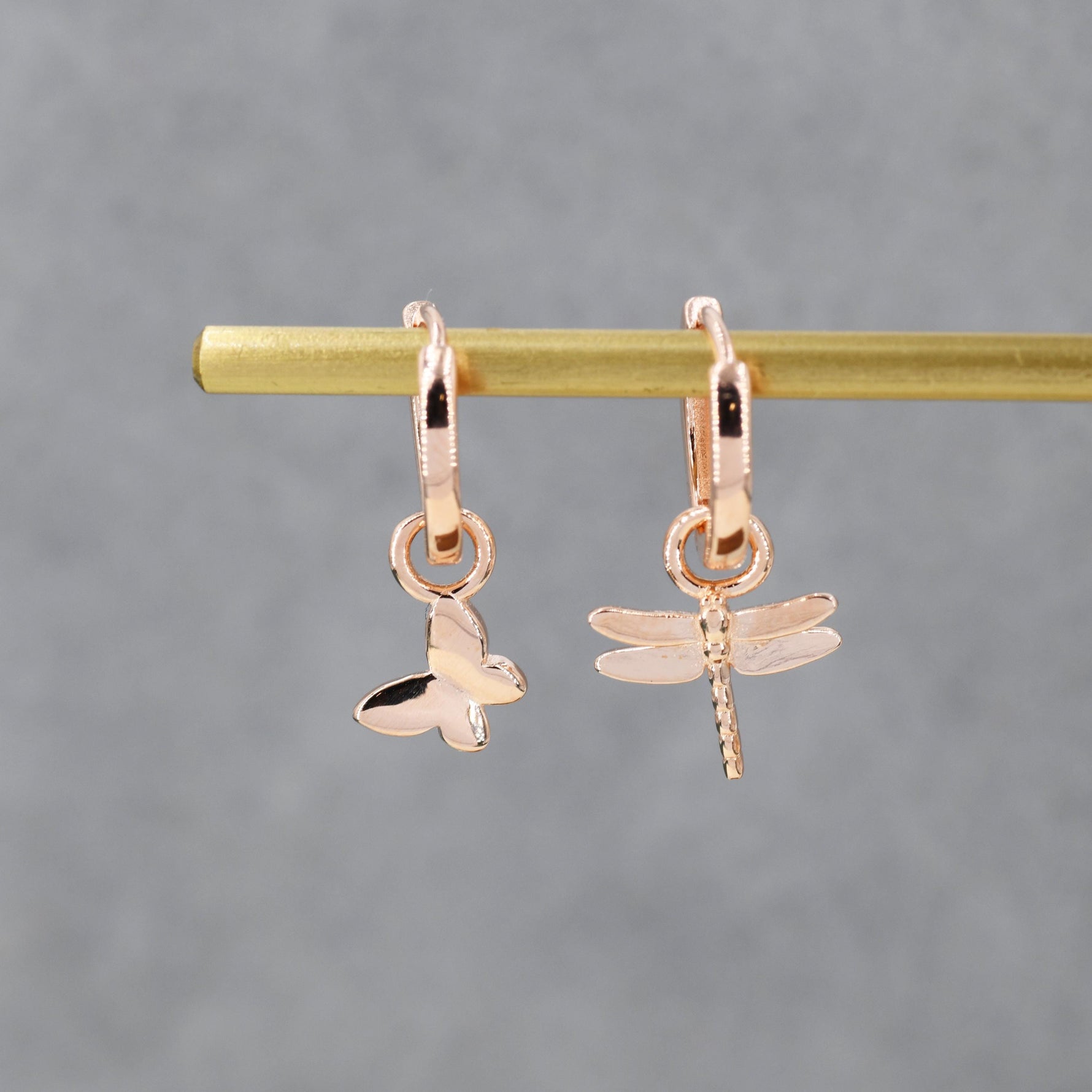 Sterling Silver Mismatched Butterfly and Dragonfly Huggie Hoops, Detachable Butterfly and Dragonfly Hoop Earrings, Gold or Rose Gold