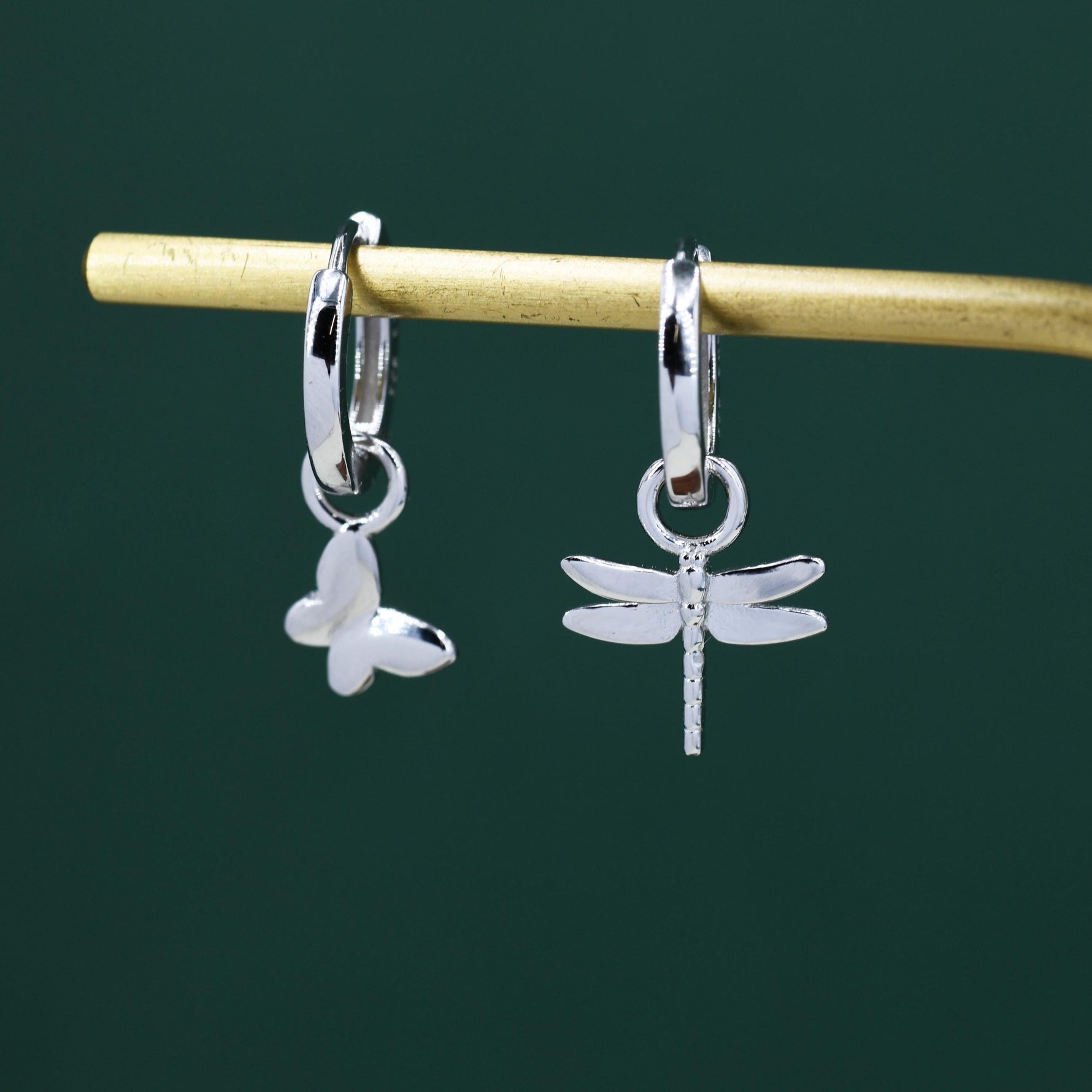 Sterling Silver Mismatched Butterfly and Dragonfly Huggie Hoops, Detachable Butterfly and Dragonfly Hoop Earrings, Gold or Rose Gold