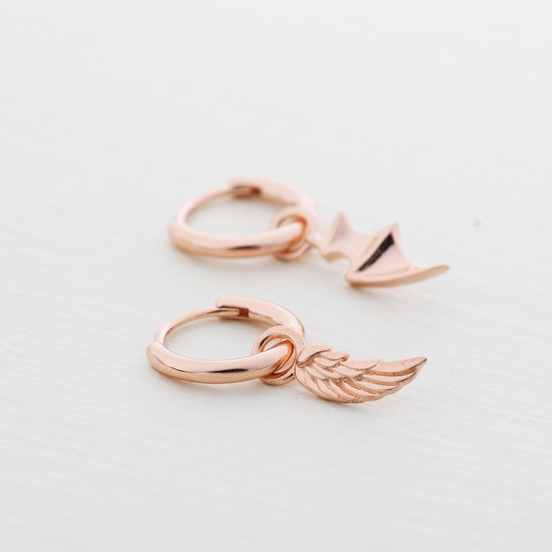 Mismatched Angel and Demon Wing Huggie Hoop Earrings in Sterling Silver, Asymetric Wing Earrings, Wing Hoops, Silver, Gold or Rose Gold