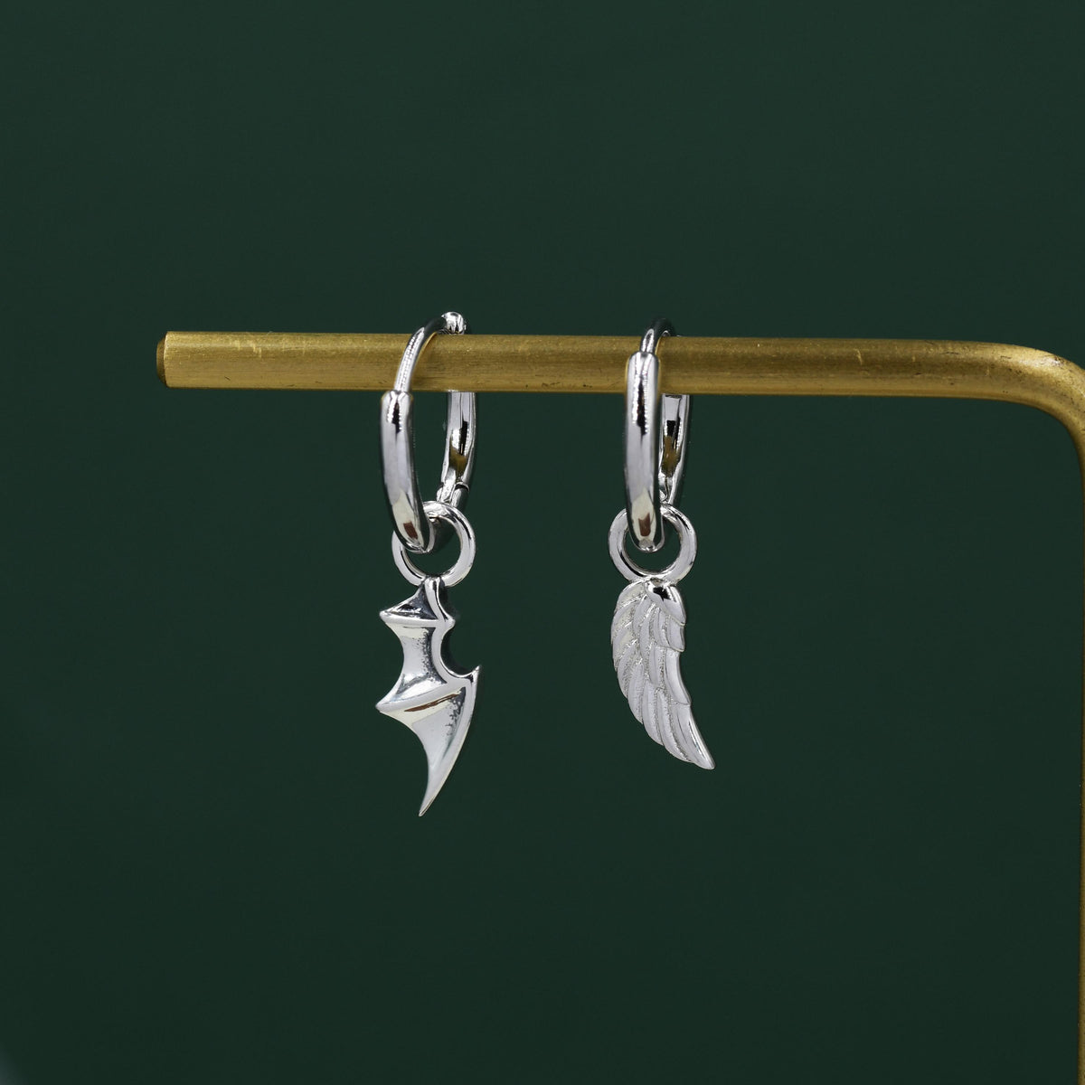 Mismatched Angel and Demon Wing Huggie Hoop Earrings in Sterling Silver, Asymetric Wing Earrings, Wing Hoops, Silver, Gold or Rose Gold