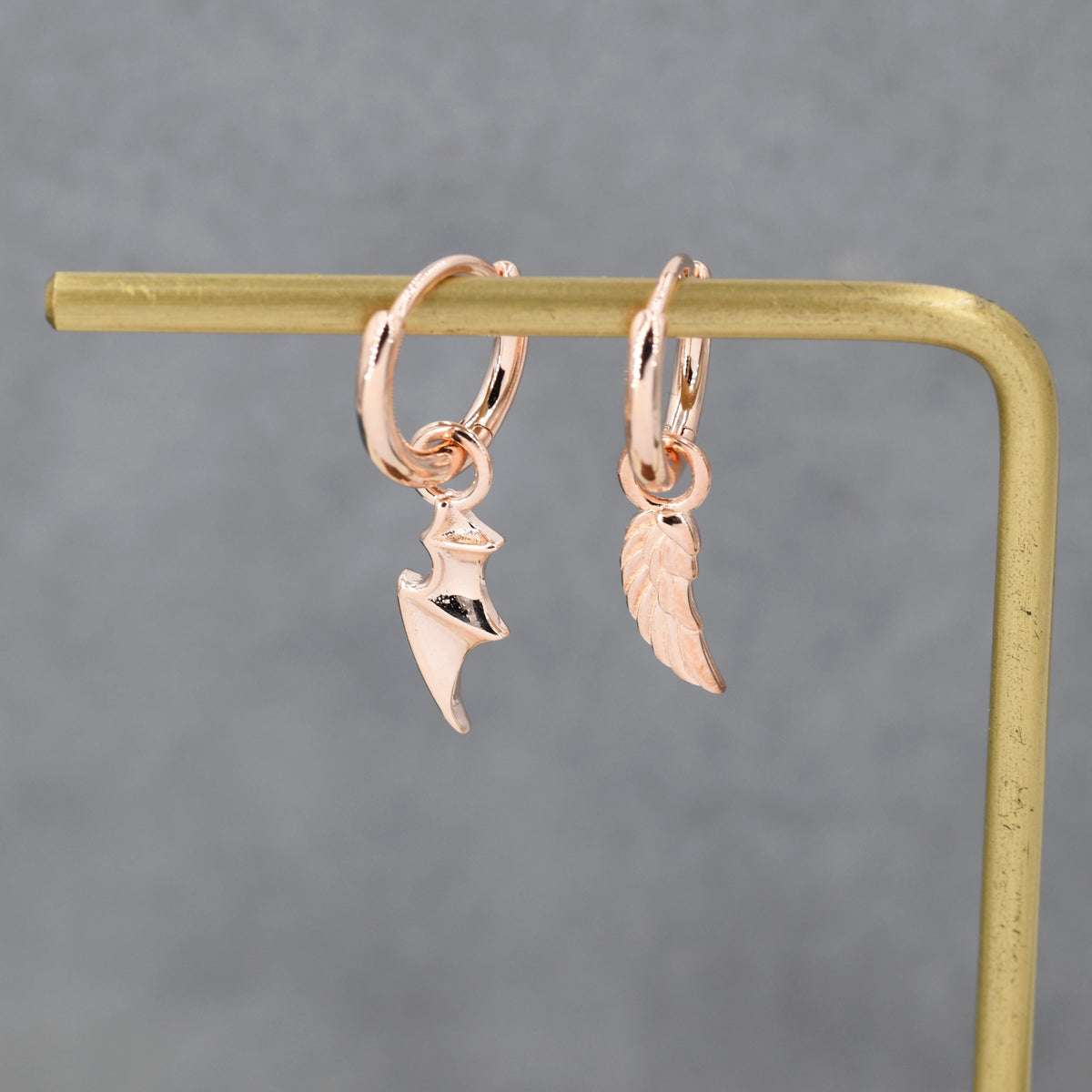Mismatched Angel and Demon Wing Huggie Hoop Earrings in Sterling Silver, Asymetric Wing Earrings, Wing Hoops, Silver, Gold or Rose Gold
