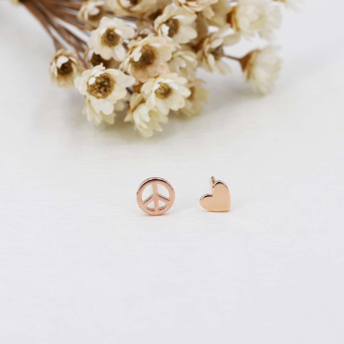 Tiny Mismatched Peace and Love Stud Earrings in Sterling Silver, Silver, Gold or Rose Gold, Small Asymmetric Heart and Peace Earrings