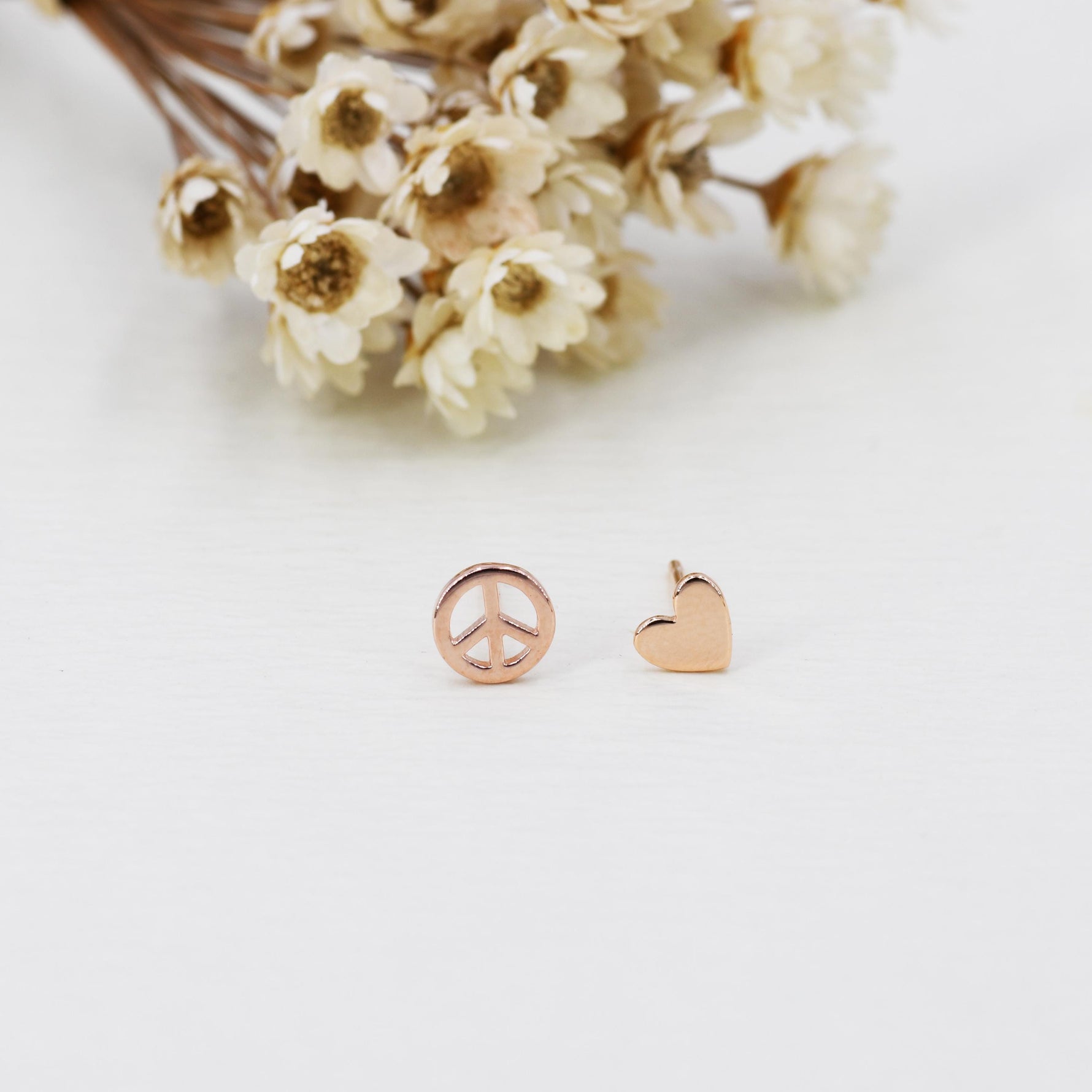 Tiny Mismatched Peace and Love Stud Earrings in Sterling Silver, Silver, Gold or Rose Gold, Small Asymmetric Heart and Peace Earrings