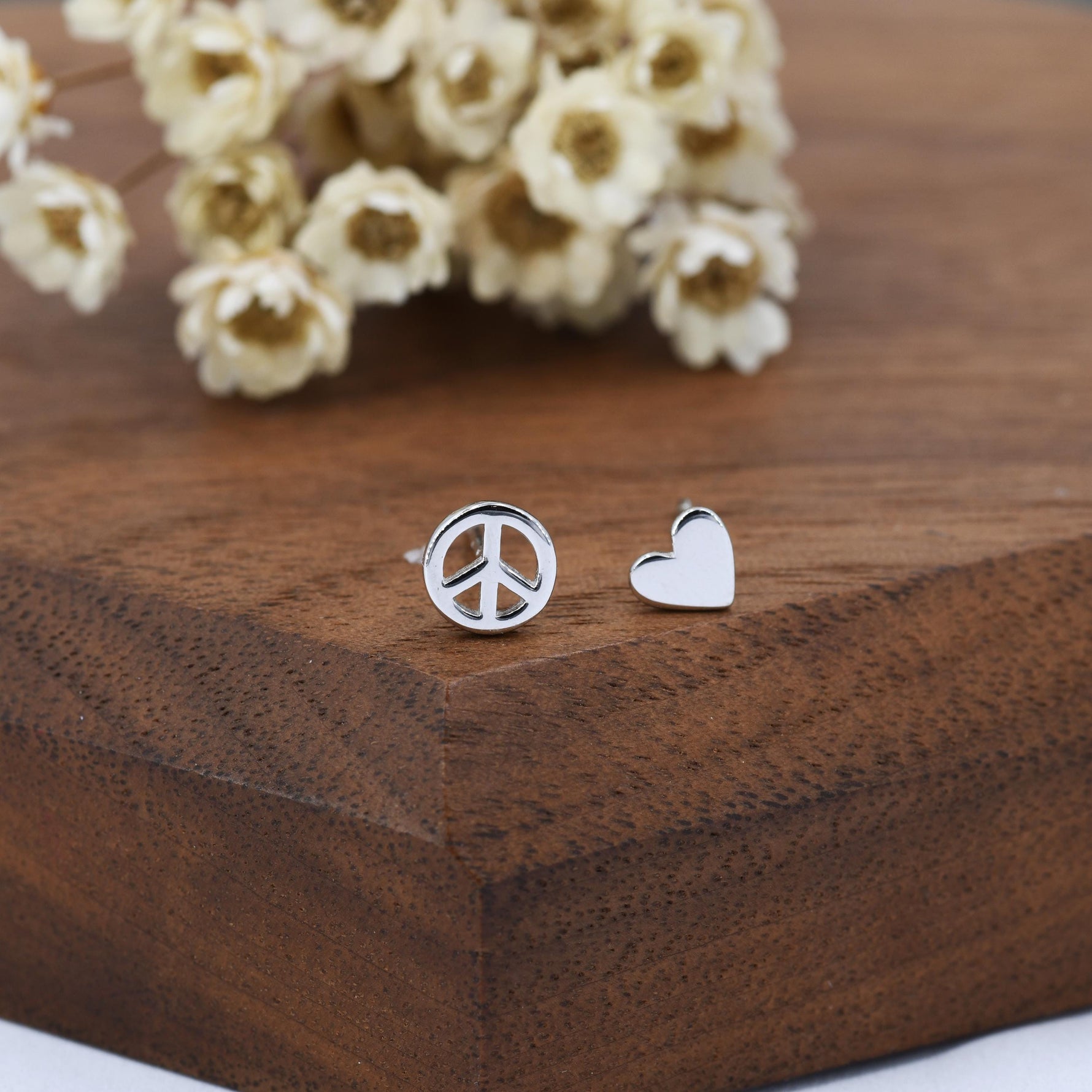 Tiny Mismatched Peace and Love Stud Earrings in Sterling Silver, Silver, Gold or Rose Gold, Small Asymmetric Heart and Peace Earrings