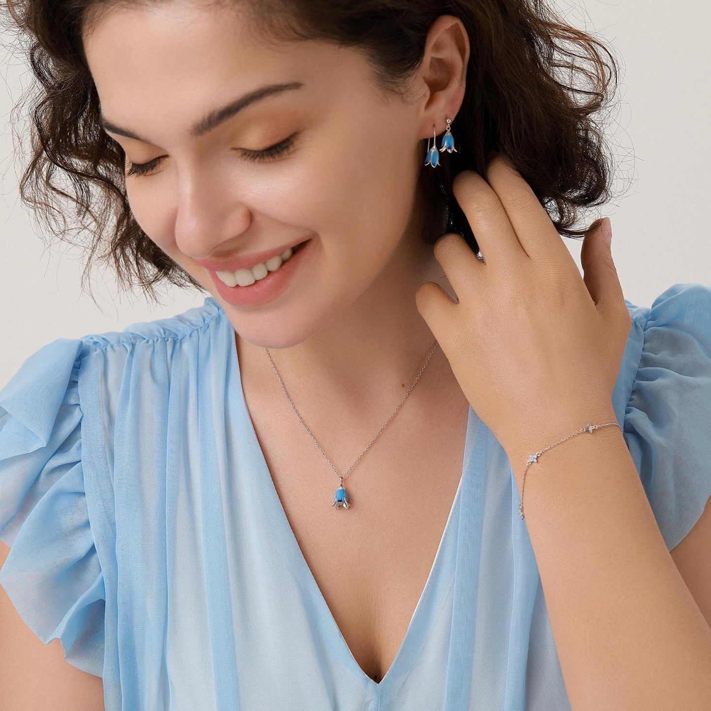 Sterling Silver Enamel Bluebell Flower Huggie Hoop Earrings, Dainty Dangle Bluebell Flower Hoop Earrings, Snowdrop Earrings, Spring Flowers