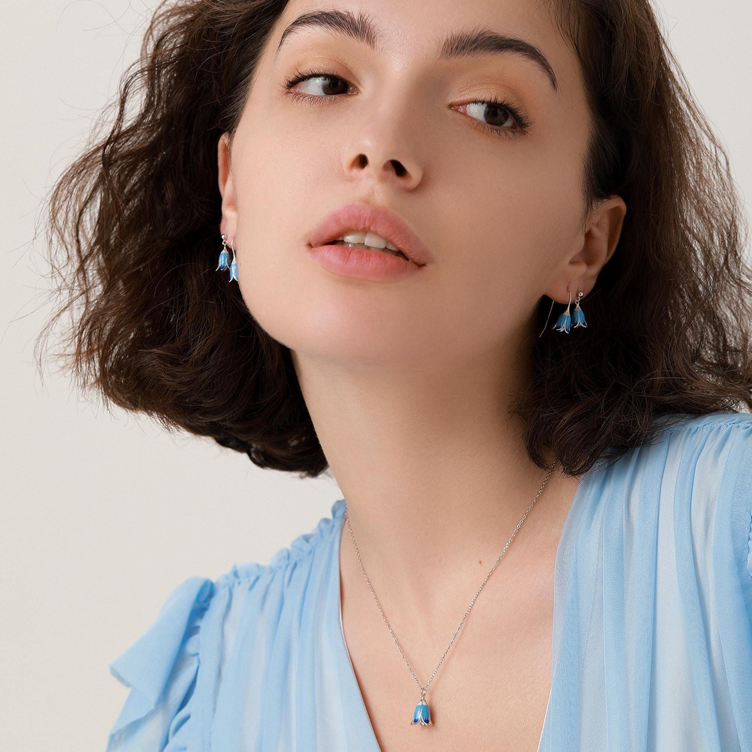 Sterling Silver Enamel Bluebell Flower Pendant Necklace, Dainty Dangle Bluebell Flower Necklace, Snowdrop Earrings, Spring Flowers