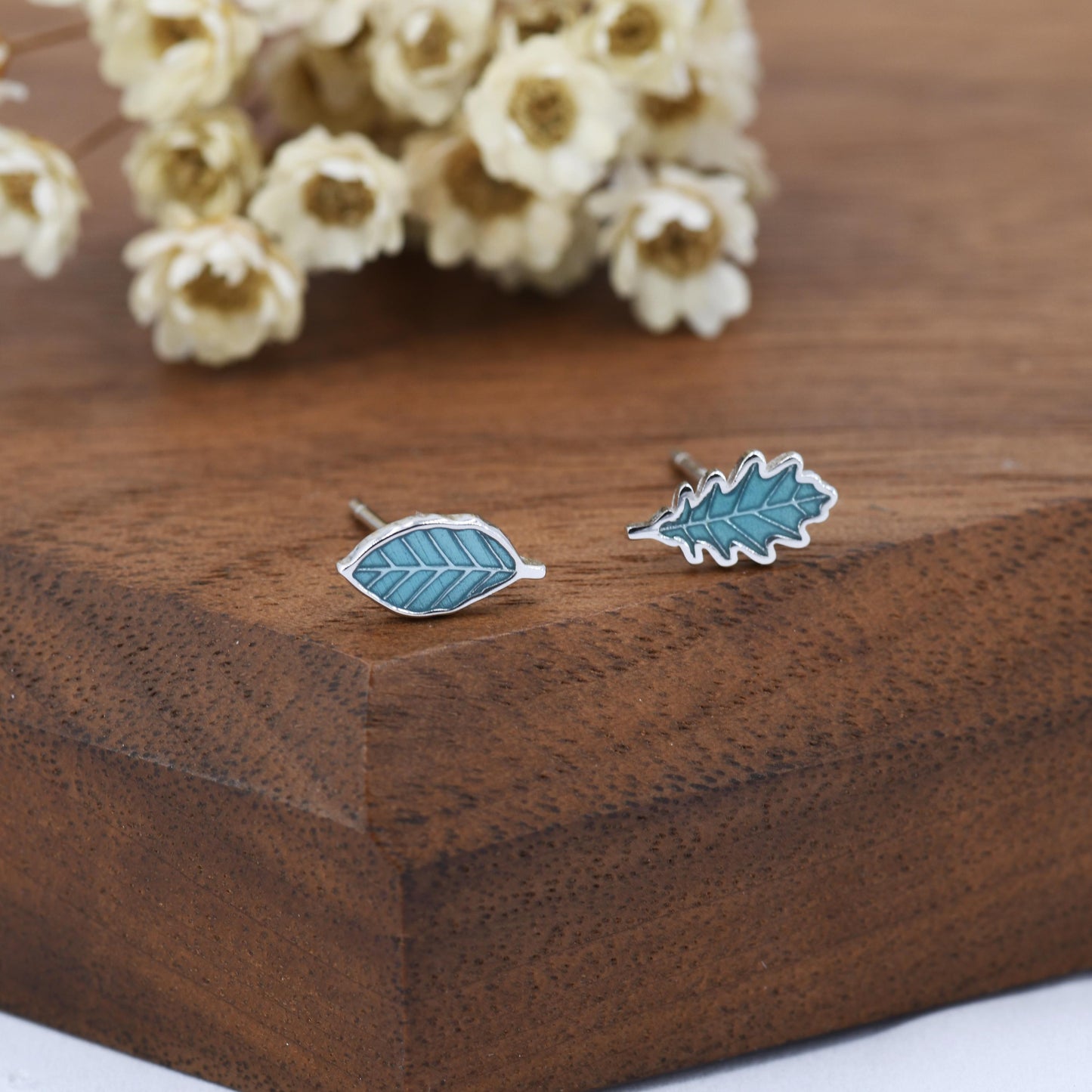 Mismatched Enamel Oak and Beech Leaf Stud Earrings in Sterling Silver, Asymmetric Beech and Acorn Leaf Earrings, Small Leaf Stud