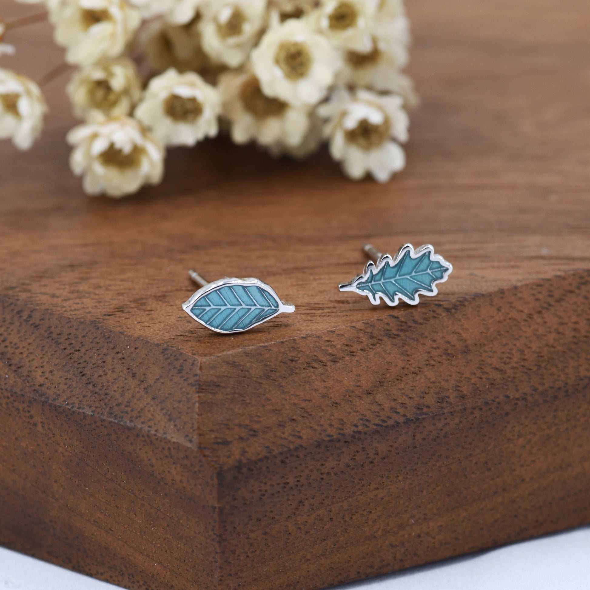 Mismatched Enamel Oak and Beech Leaf Stud Earrings in Sterling Silver, Asymmetric Beech and Acorn Leaf Earrings, Small Leaf Stud