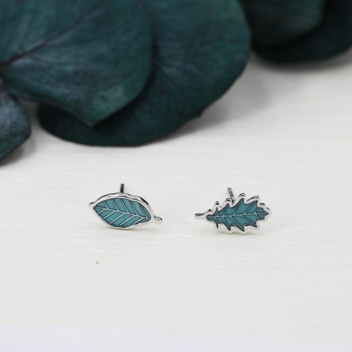 Mismatched Enamel Oak and Beech Leaf Stud Earrings in Sterling Silver, Asymmetric Beech and Acorn Leaf Earrings, Small Leaf Stud