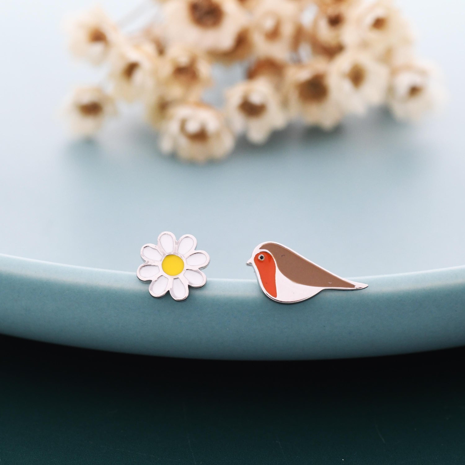 Mismatched Enamel Daisy and Robin Bird Stud Earrings in Sterling Silver, Asymmetric Robin Bird and Daisy Flower Earrings,
