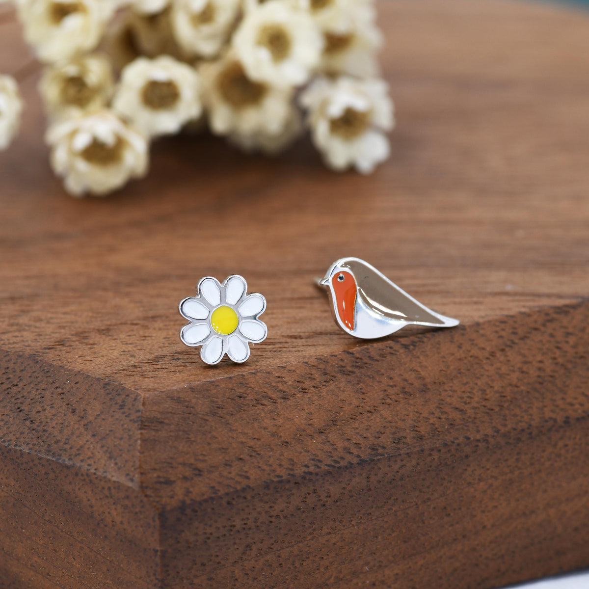 Mismatched Enamel Daisy and Robin Bird Stud Earrings in Sterling Silver, Asymmetric Robin Bird and Daisy Flower Earrings,