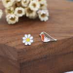 Mismatched Enamel Daisy and Robin Bird Stud Earrings in Sterling Silver, Asymmetric Robin Bird and Daisy Flower Earrings,