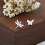 Mismatched Butterfly and Dragonfly Stud Earrings in Sterling Silver, Silver, Gold or Rose Gold, Asymmetric Dragonfly and Butterfly Earrings