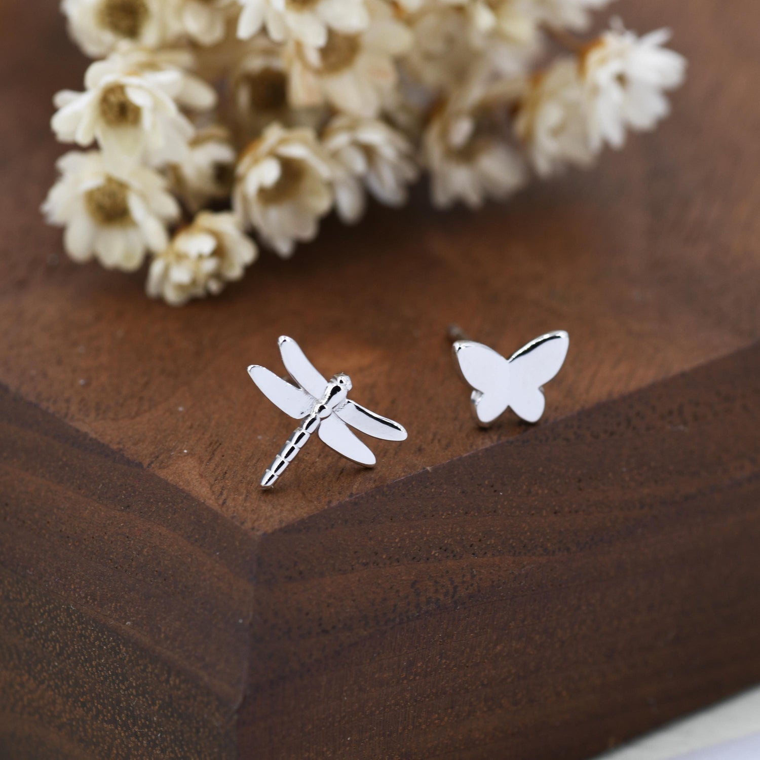 Mismatched Butterfly and Dragonfly Stud Earrings in Sterling Silver, Silver, Gold or Rose Gold, Asymmetric Dragonfly and Butterfly Earrings