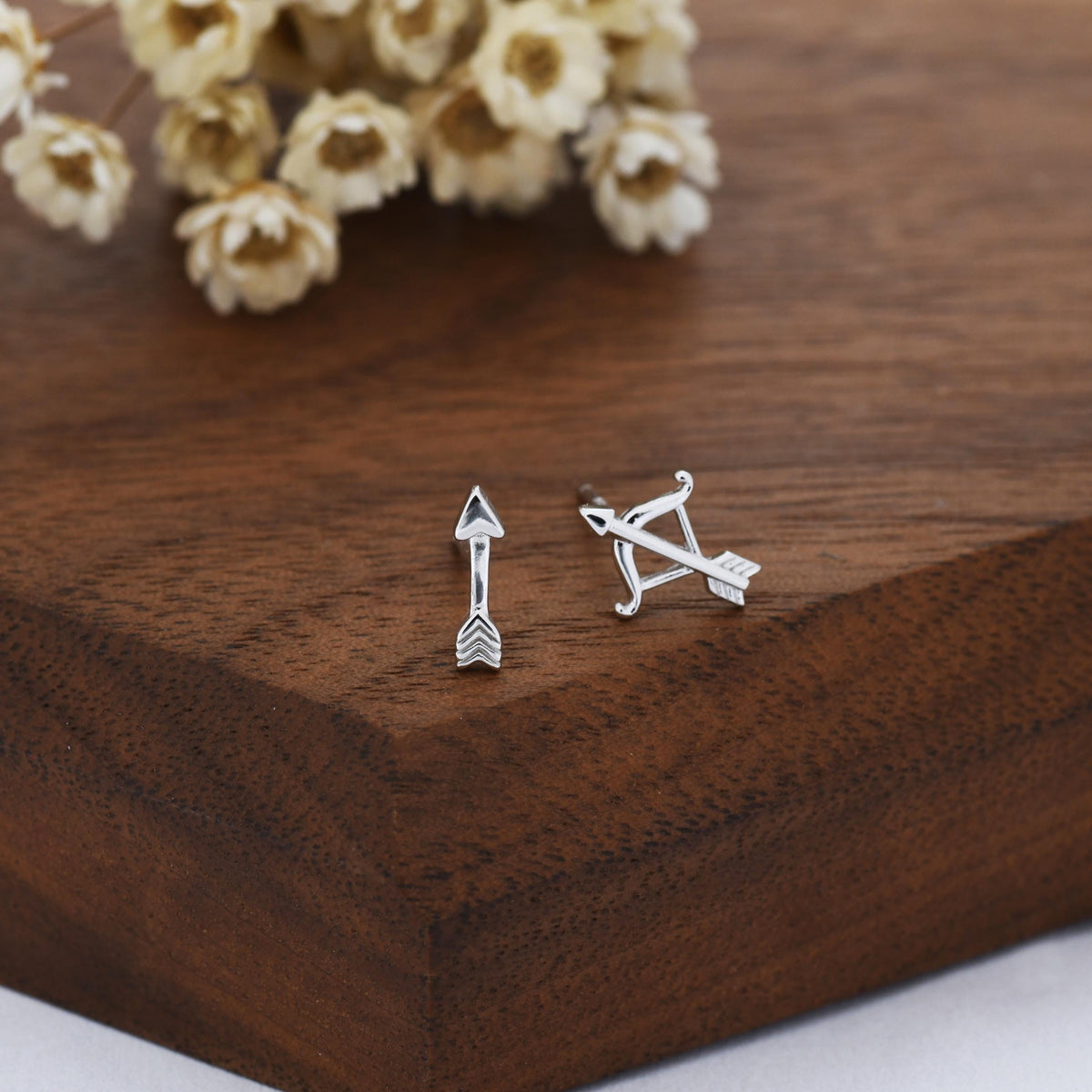 Mismatched Bow and Arrow Stud Earrings in Sterling Silver, Silver or Gold or Rose Gold, Asymmetric Bow and Arrow Earrings