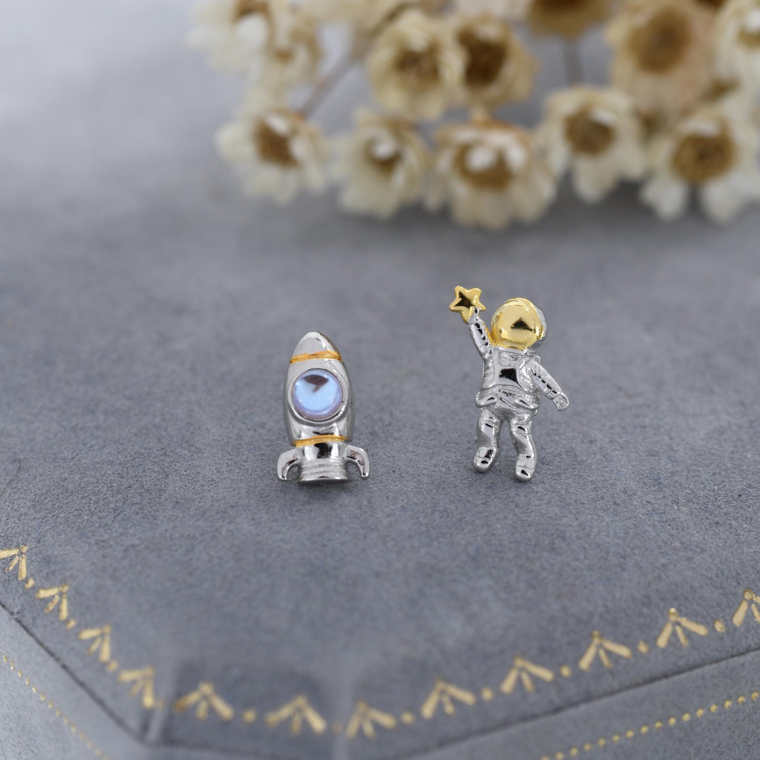 Mismatched Astronaut and Rocket Stud Earrings in Sterling Silver with Simulated Moonstone, Asymmetric Rocket and Astronaut Spaceman Earrings