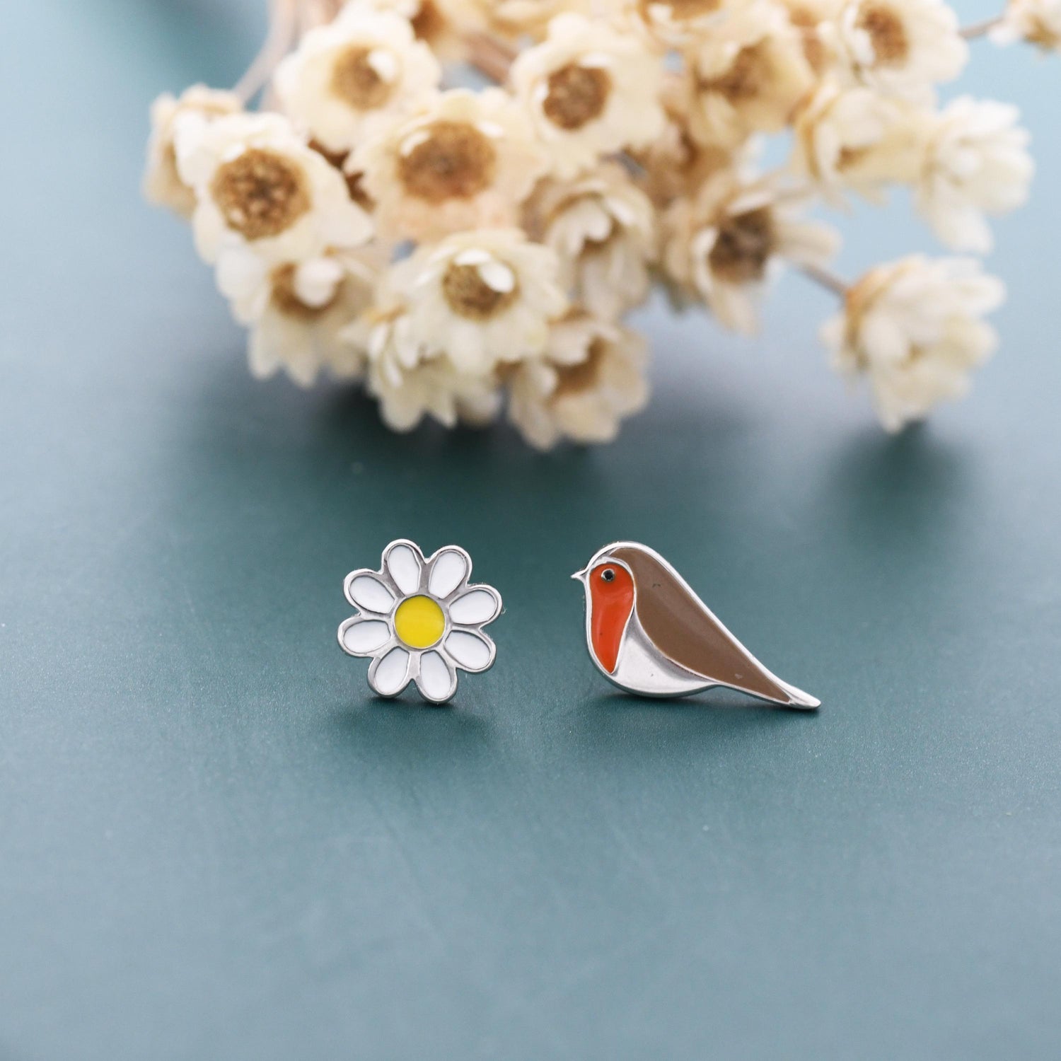 Mismatched Enamel Daisy and Robin Bird Stud Earrings in Sterling Silver, Asymmetric Robin Bird and Daisy Flower Earrings,