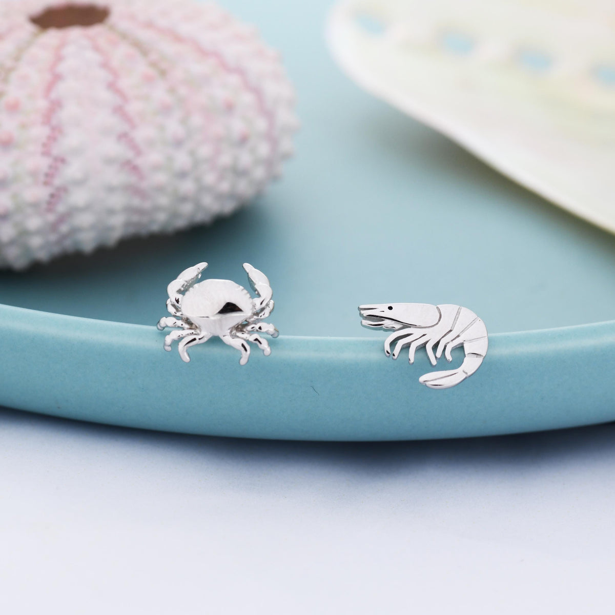Mismatched Prawn and Crab Stud Earrings in Sterling Silver, Asymmetric Crab Shrimp Stud Earrings, Fish Earrings, Ocean Animal Earrings