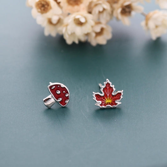 Mismatched Enamel Maple Leaf and Mushroom Stud Earrings in Sterling Silver, Petite Asymmetric Mushroom and Maple Leaf Earrings