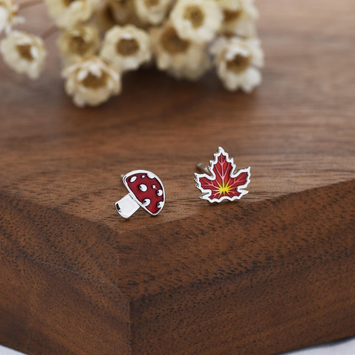 Mismatched Enamel Maple Leaf and Mushroom Stud Earrings in Sterling Silver, Petite Asymmetric Mushroom and Maple Leaf Earrings