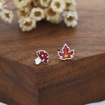 Mismatched Enamel Maple Leaf and Mushroom Stud Earrings in Sterling Silver, Petite Asymmetric Mushroom and Maple Leaf Earrings
