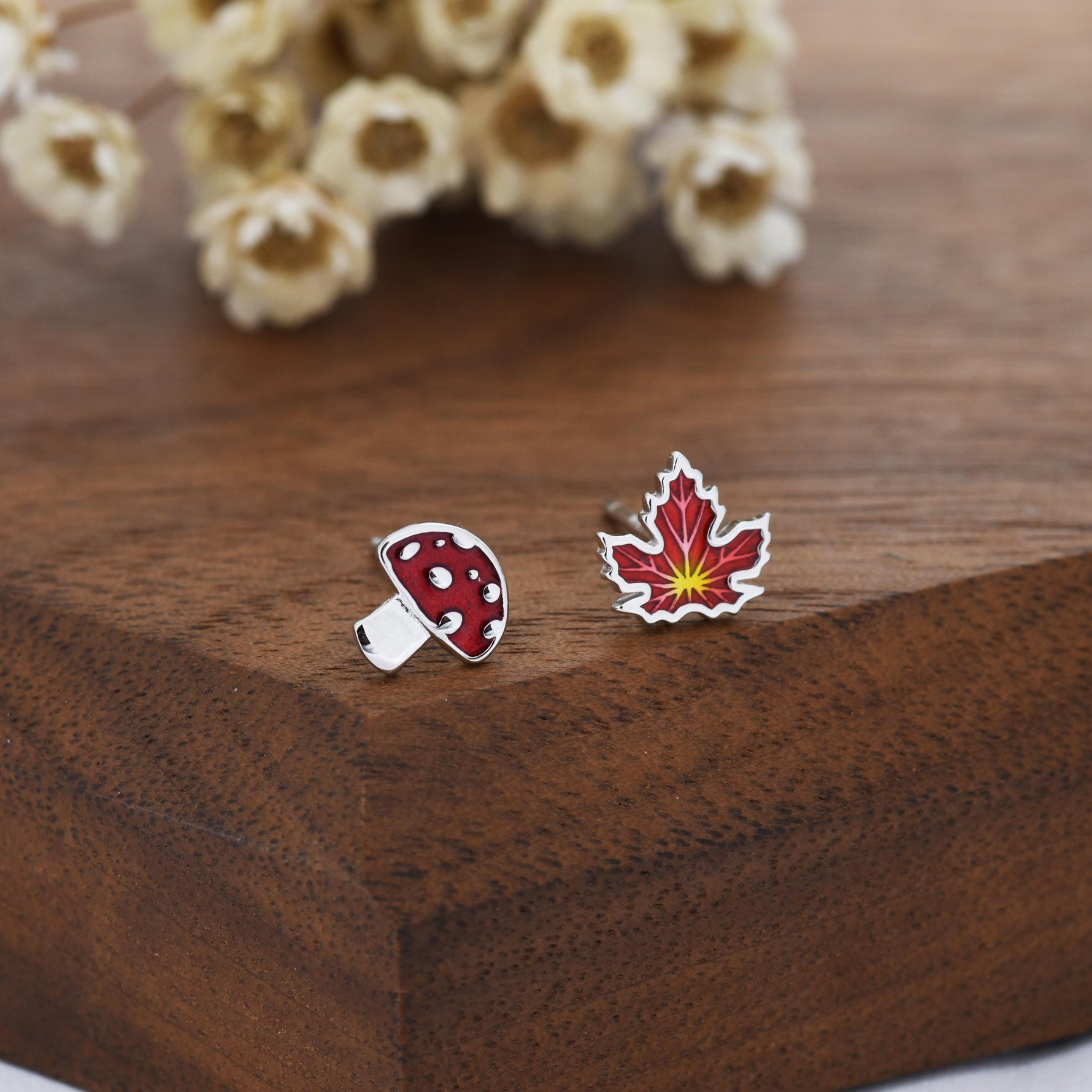 Mismatched Enamel Maple Leaf and Mushroom Stud Earrings in Sterling Silver, Petite Asymmetric Mushroom and Maple Leaf Earrings