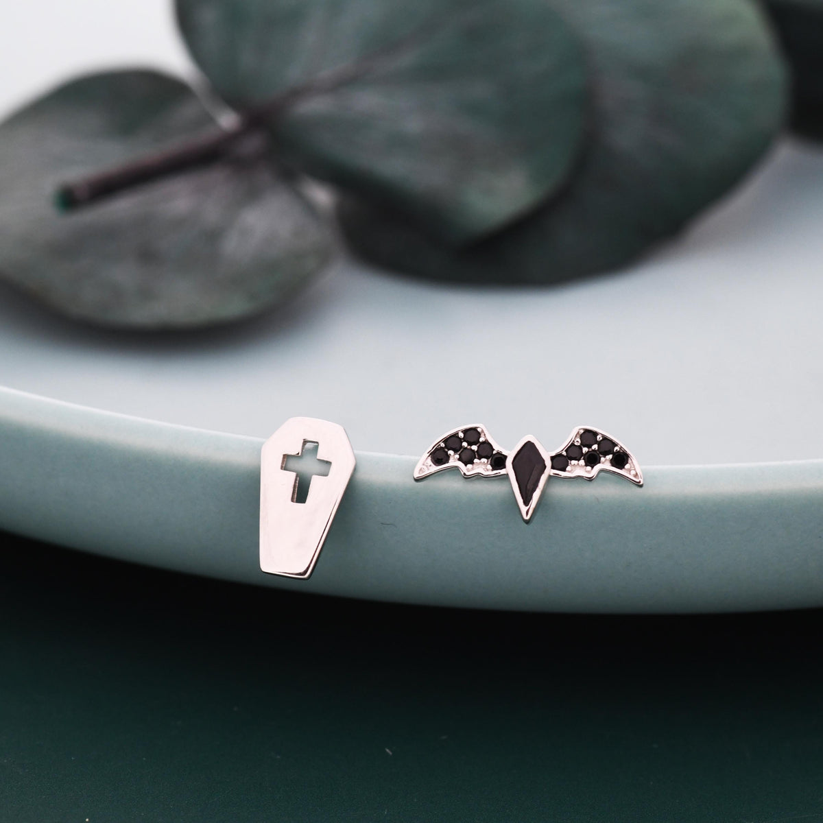 Mismatched Coffin and Bat Stud Earrings in Sterling Silver, Silver or Gold, Asymmetric Bat and Coffin Cross Earrings, Vampire Earrings