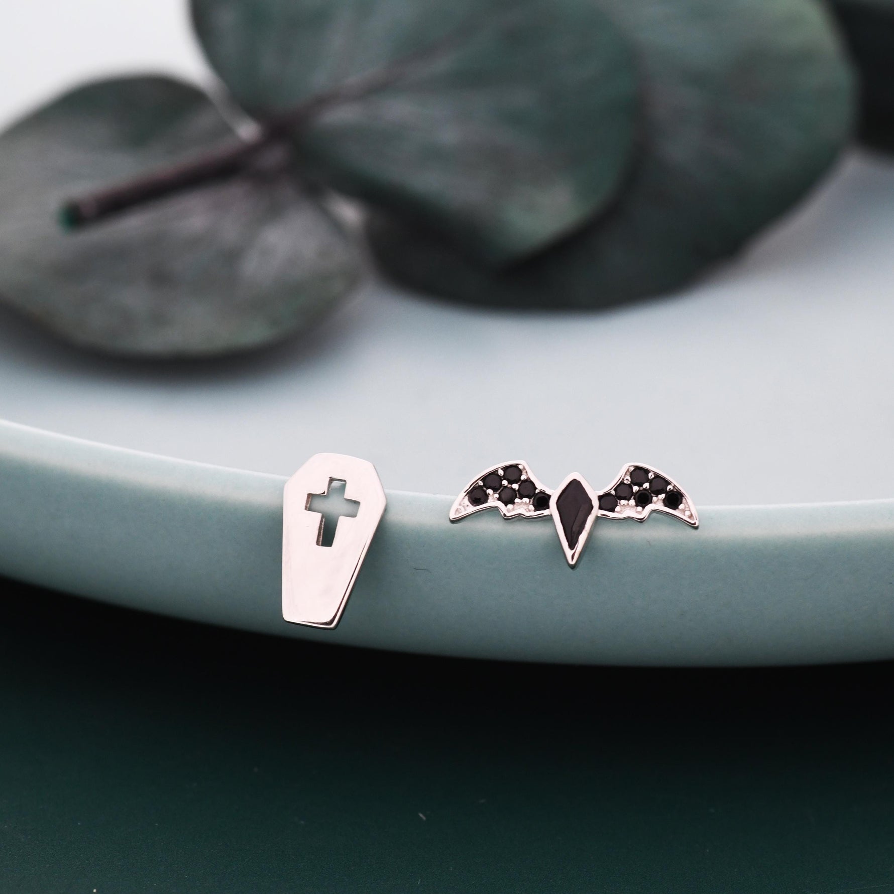 Mismatched Coffin and Bat Stud Earrings in Sterling Silver, Silver or Gold, Asymmetric Bat and Coffin Cross Earrings, Vampire Earrings